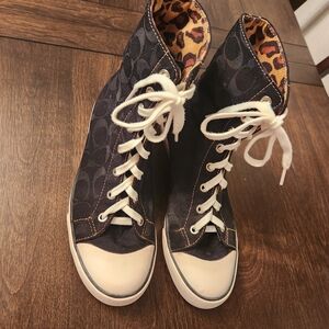 Coach Bonney Black Signature Leopard High-Top Sneakers Convertible FoldOver 7.5